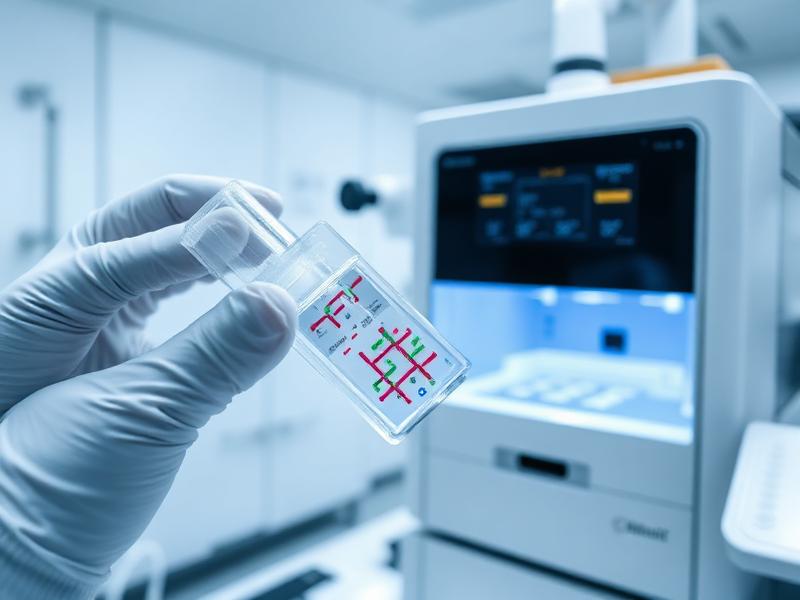 Microfluidic diagnostics cartridge held in front of an automated lab instrument