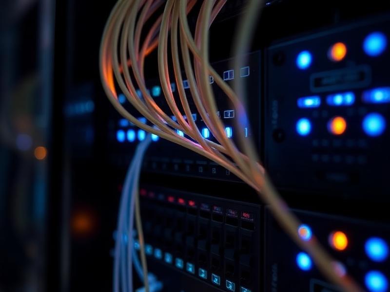 Fiber optic network switch hardware with illuminated cabling in a data centre rack